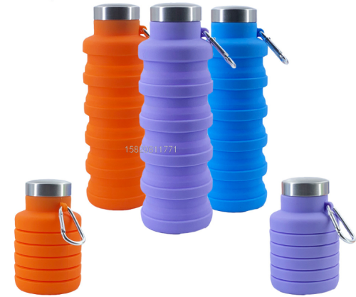 silicone sports bottle 500ml outdoor portable silicone retractable water bottle foldable cup carabiner