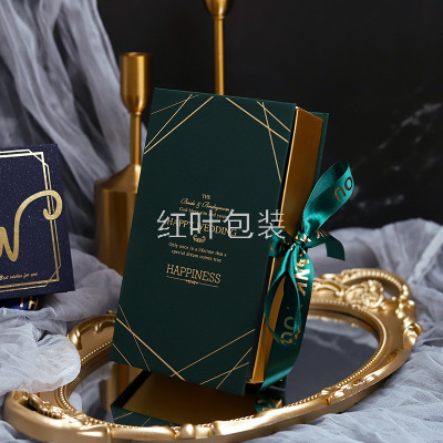 wholesale customized book style ribbon hard box candy paaging gift box gilding craft