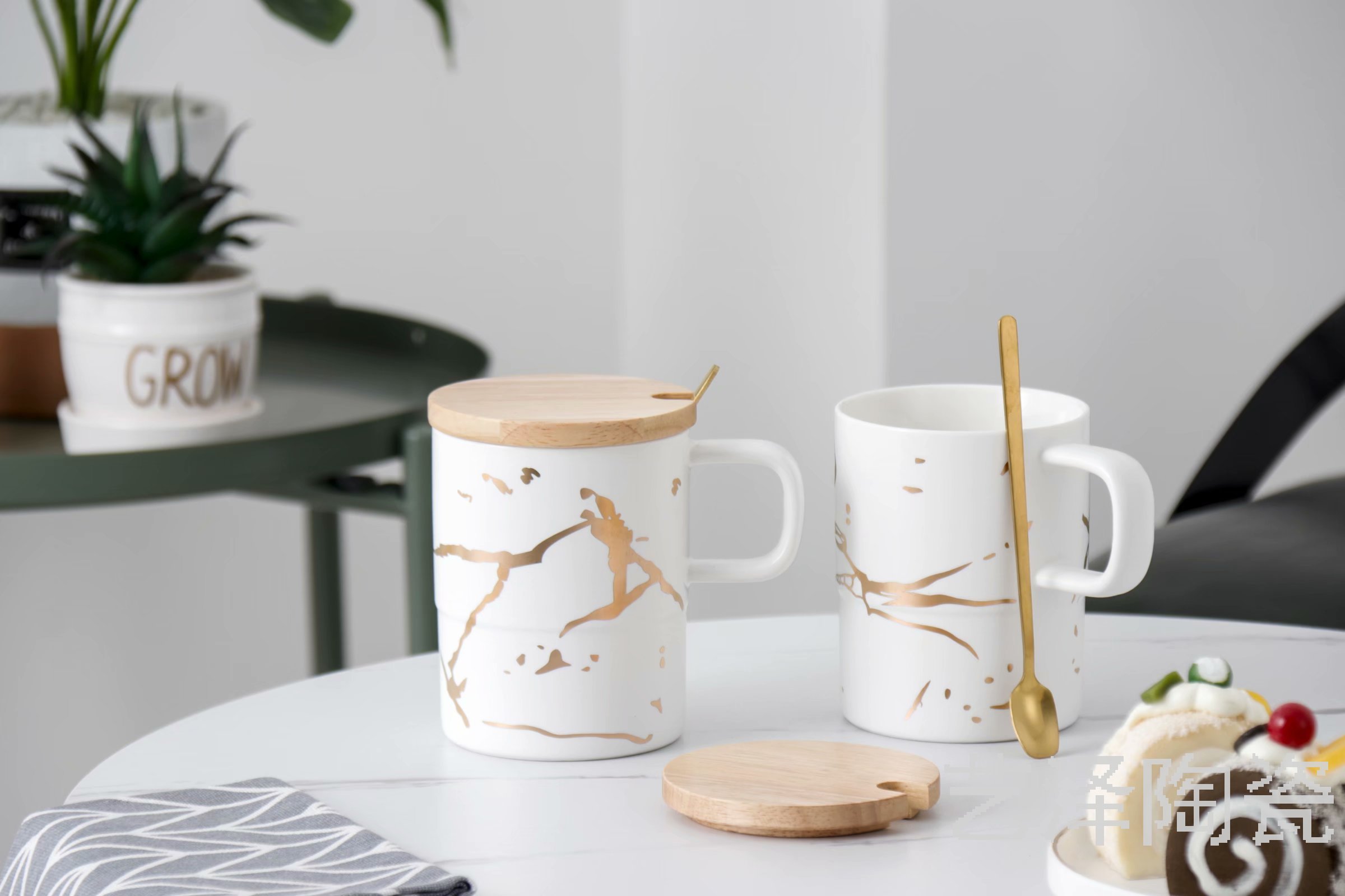 木盖陶瓷杯真金纹理马克杯时尚水杯