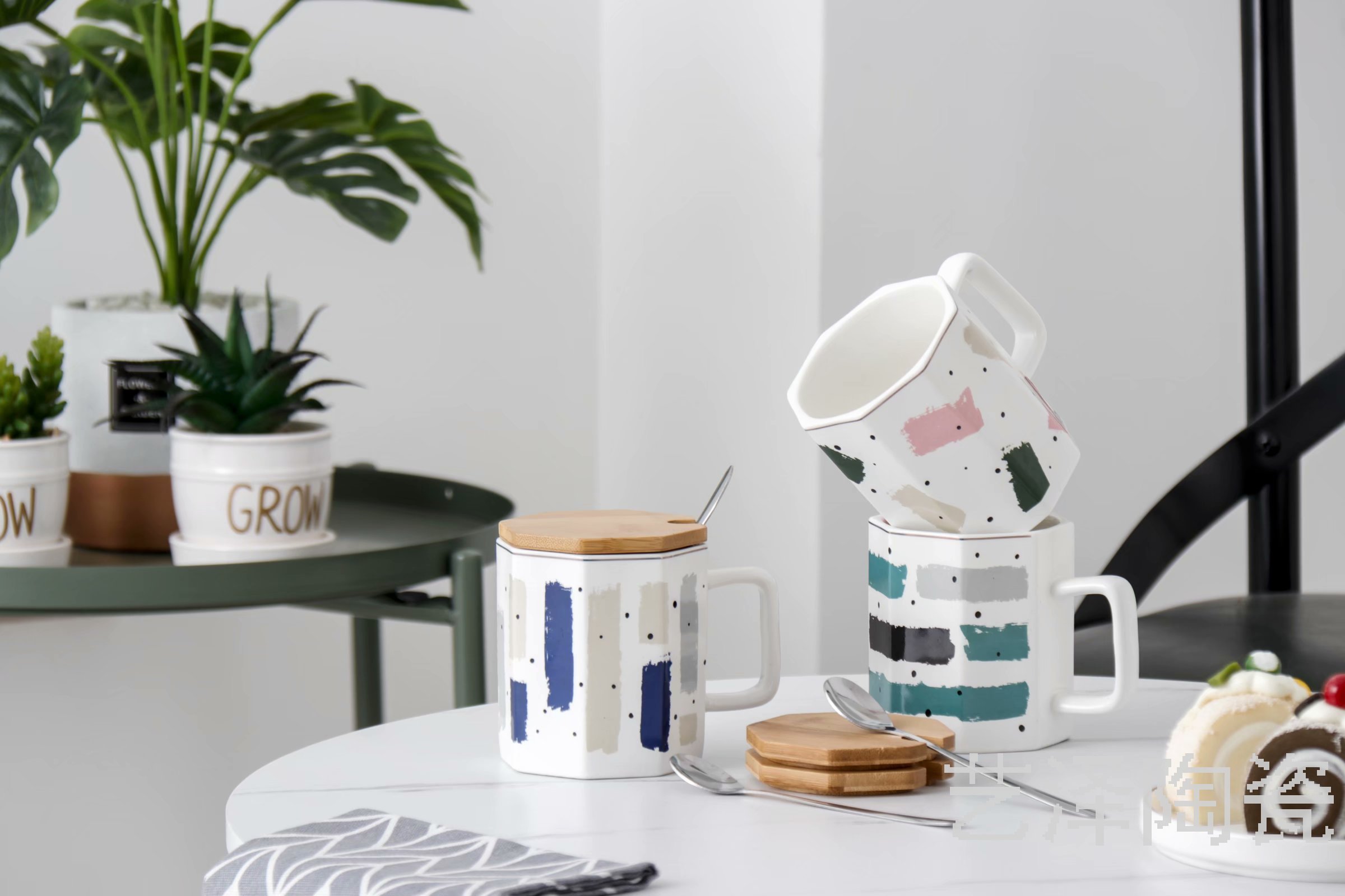 集合图案陶瓷杯简约马克杯木盖水杯