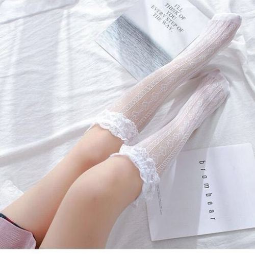 Lolita Lace Socks Lolita Summer Mid-Calf Hollow-out Calf Mesh Stockings White Bunching Socks Lace Mid-Calf Women