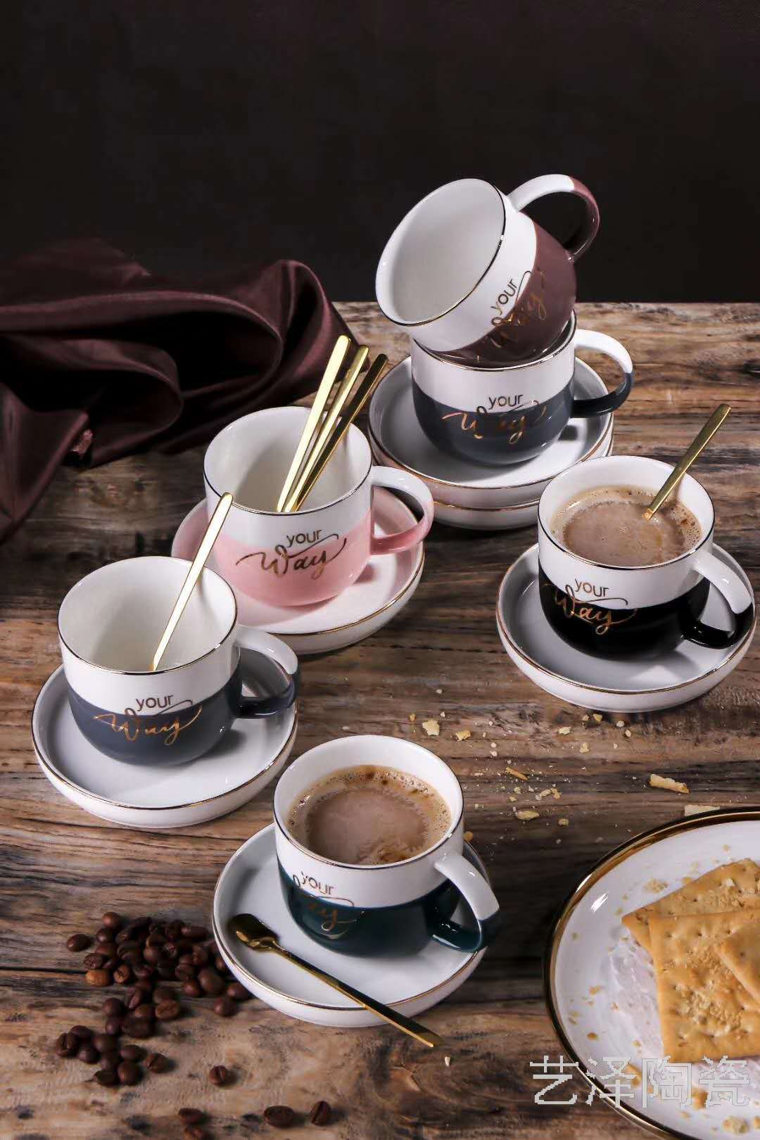 描金陶瓷杯碟简约英文马克杯时尚水杯