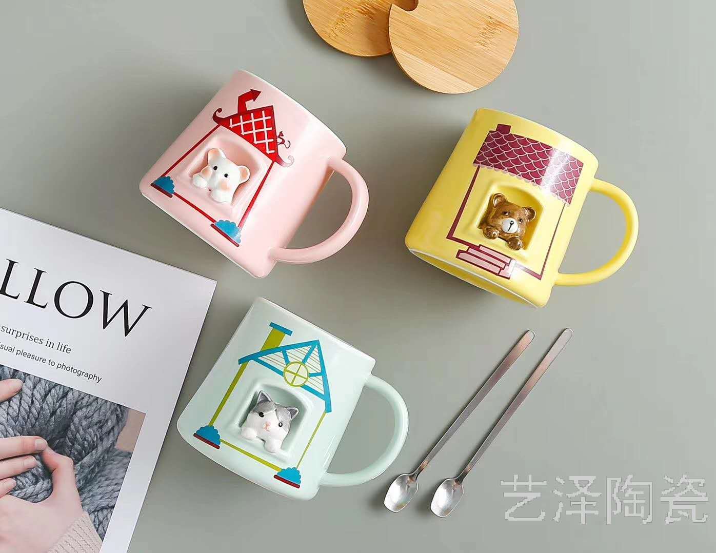 经典手绘陶瓷杯小动物头马克杯色釉水杯