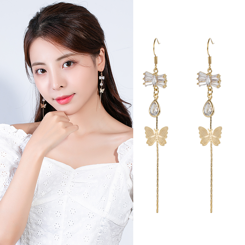 长款蝴蝶锆石气质耳环显瘦耳坠网红厂家直销批发耳坠韩版新款耳饰