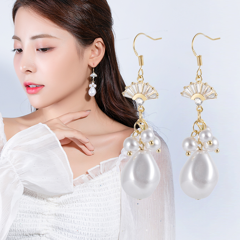 小扇子气质耳环韩版珍珠耳坠长款夸张网红耳挂厂家直销大东门耳环