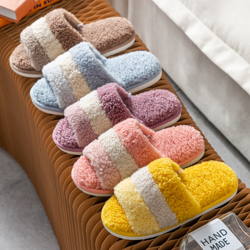 2020年新款高级冬季条纹毛拖鞋韩版居家室内情侣男女时尚保暖可爱