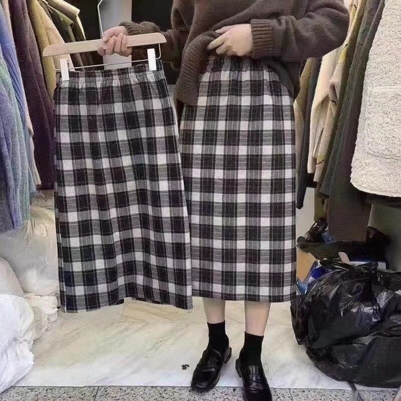 格子半身裙中长款女春秋2020新款高腰开叉复古百搭直筒显瘦包臀裙