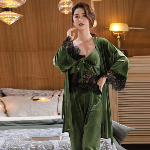 New Sexy Charming Gold Velvet Suit Homewear Women‘s Casual Sling Comfortable Three-Piece Autumn Pajamas Women