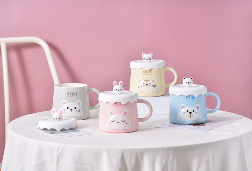 可爱猫咪硅胶盖陶瓷水杯