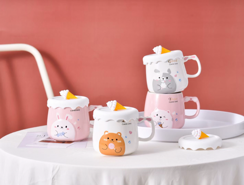 卡通动物冰淇淋硅胶盖陶瓷水杯