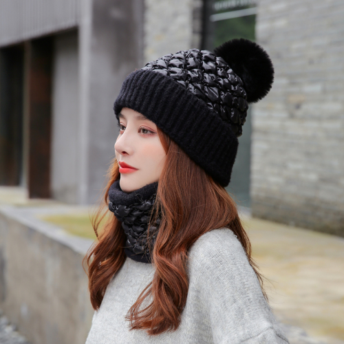 Hat Female Autumn and Winter down Cotton-Padded Cap Outdoor Riding plus Velvet Thickened Korean Style Warm Hat Scarf Set Cold Protection Earflaps