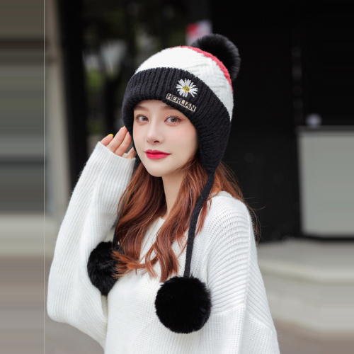 Hat Female Autumn and Winter Korean Style Fashionable Ear Three Fur Ball Scarf Fleece Warm Hat Windproof Cycling Wool Hat