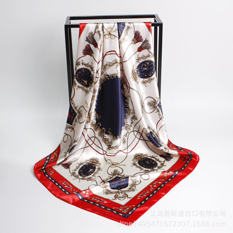 欧美丝巾Amazon新款90cm印花仿真丝女大方巾缎面围巾披肩厂家批发