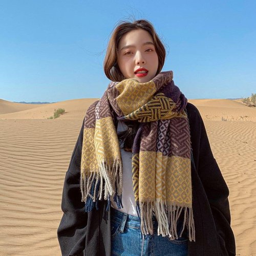 european and american style plaid retro artistic scarf korean style autumn and winter warm tassel shawl rhombus warm scarf for women