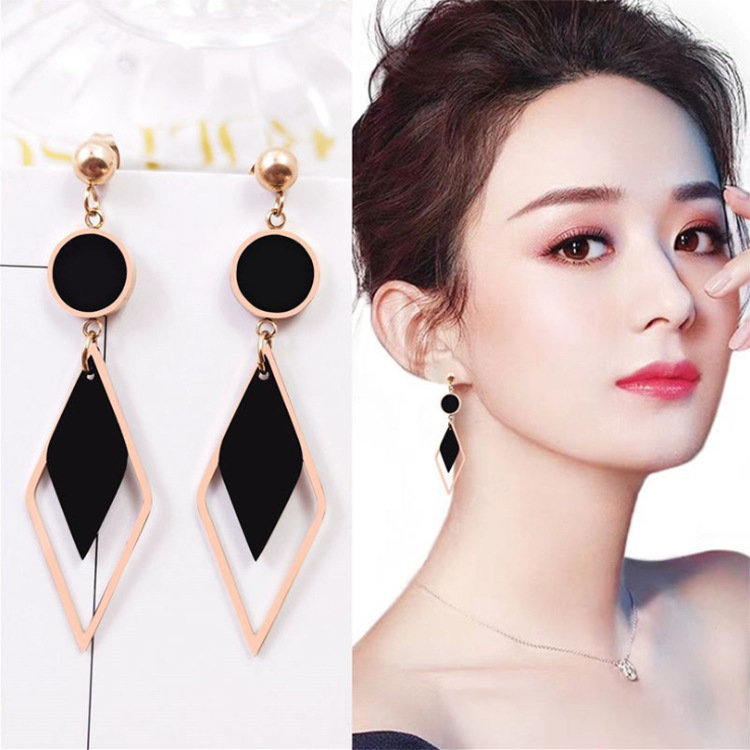 S925银针圆形双菱形长款耳饰显瘦流苏耳环女抖音快手耳坠一件代发