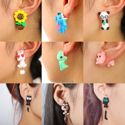 Fashion Personalized Animal Pattern Soft Pottery Ear Stud Cartoon ManEating Flower Fox Cat Soft Pottery Earrings