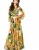 Summer Amazon New Style Lantern Sleeve V-neck Green Color Leaf Printed Dress Expansion Skirt New Thickened Version