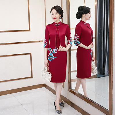 Xi Mother-in-Law Wedding Noble Dress Set Acetate Satin Embroidered Chinese Cheongsam Mid-Length Banquet Festive Dress