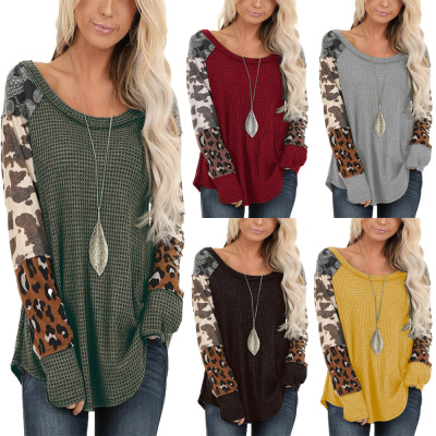 2020 Women's New Style for Autumn and Winter Popular Women's round Neck Color Matching Leopard Print LongSleeved Tshirt