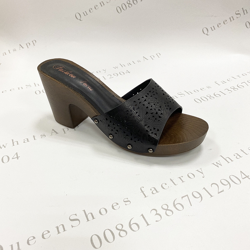 shoes2021镂空高跟女鞋夏季时尚仿木纹底粗跟凉拖鞋纯色女拖鞋详情6