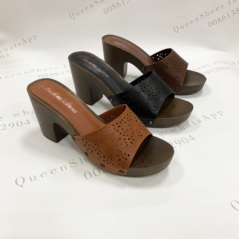 shoes2021镂空高跟女鞋夏季时尚仿木纹底粗跟凉拖鞋纯色女拖鞋详情4