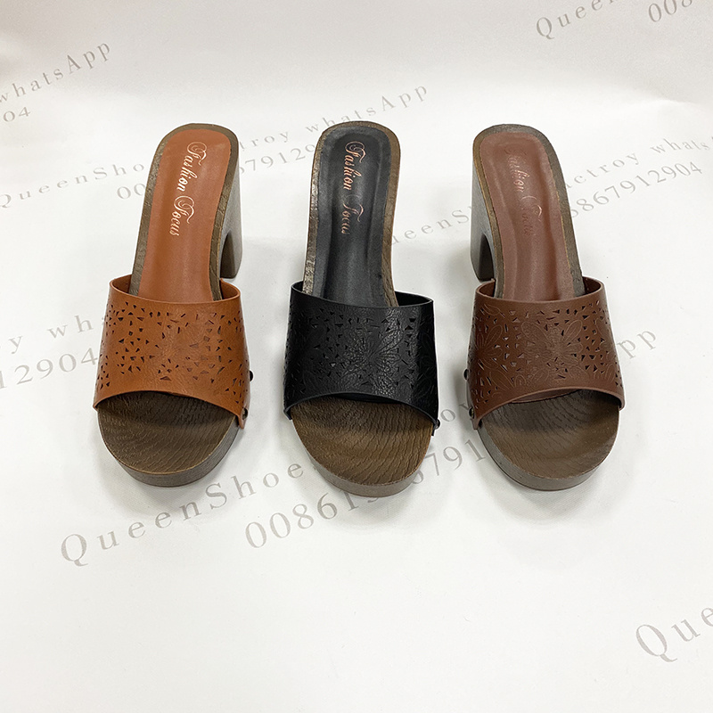 shoes2021镂空高跟女鞋夏季时尚仿木纹底粗跟凉拖鞋纯色女拖鞋详情5