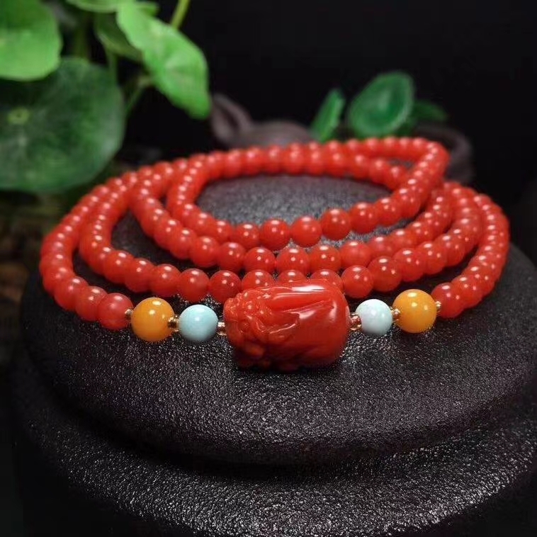 精品天然保山南红手链，绕手四圈，柿子红，搭配天然南红背云【貔