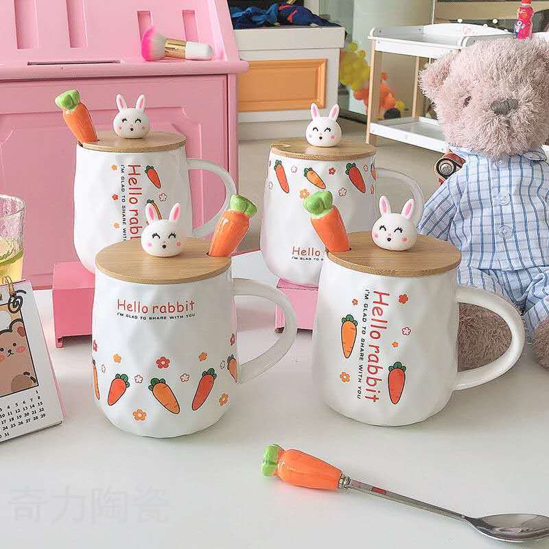 唯格早餐杯燕麦欧式可爱带盖勺马克杯少女卡通咖啡家用牛奶杯