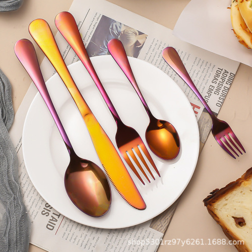 1010 Stainless Steel Titanium-Plated Tableware Set Creative Color Knife， Fork and Spoon Children‘s Set Cross-Border Western Tableware Wholesale