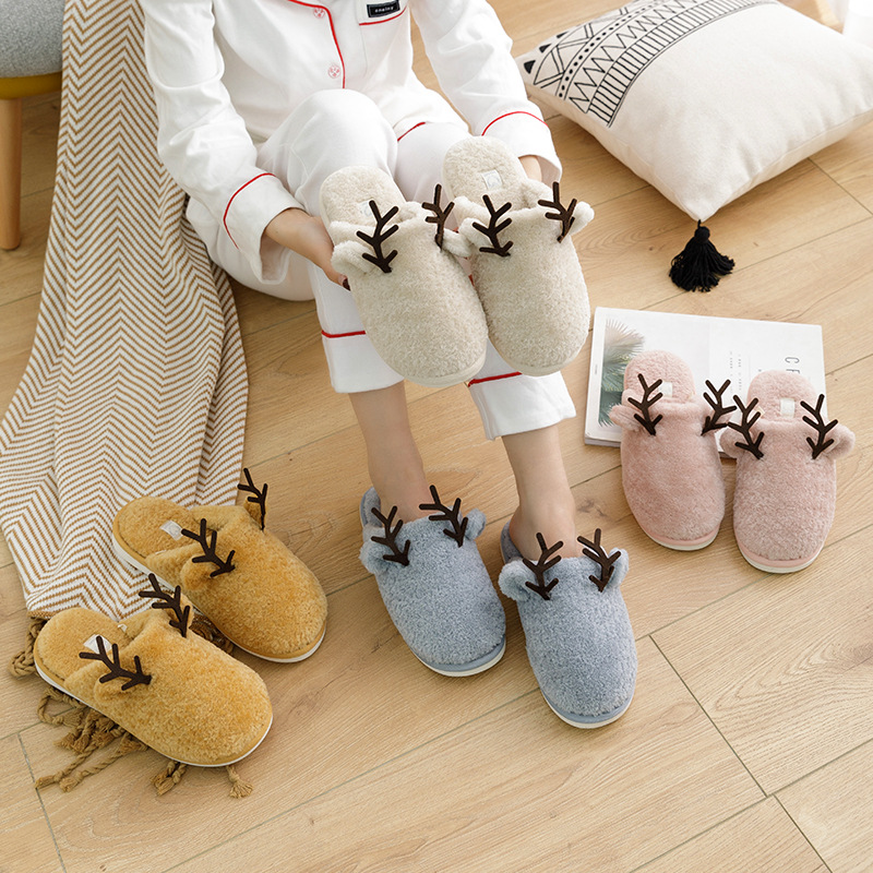 2020年新款冬季居家男鞋毛毛透气棉家居月子鞋耐磨保暖鹿角棉拖鞋