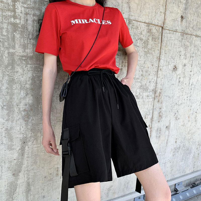 卡扣工装短裤女夏宽松2020新款直筒休闲中裤高腰运动五分裤潮ins