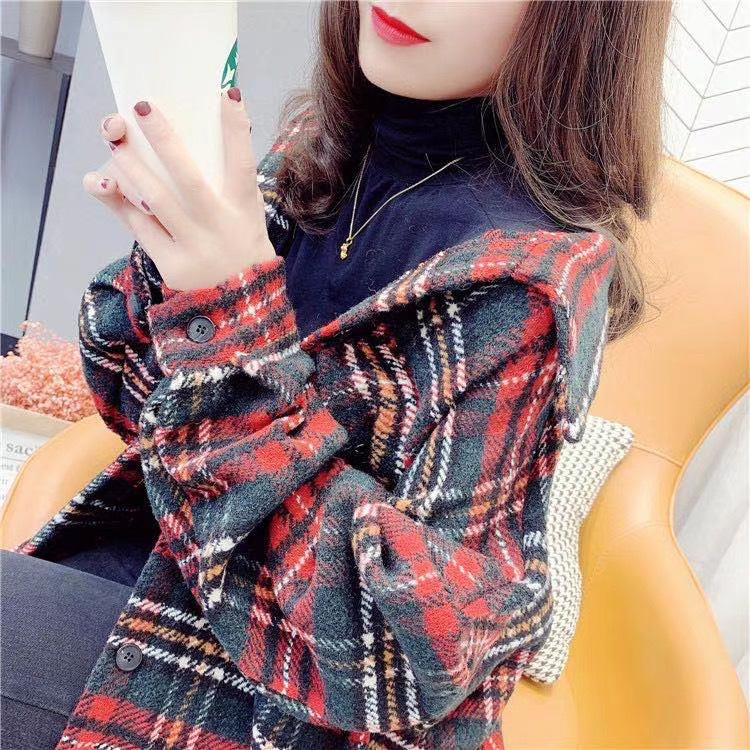 复古港味ins潮秋冬新款加厚磨毛宽松毛呢外套女长袖格子毛绒衬衫