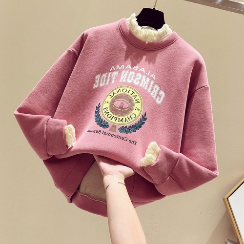 Fake Two-Piece Sweater Thickened Fleece Women‘s round Neck hooded Autumn and Winter Korean Style Loose Lace Stitching Pullover Pink Top