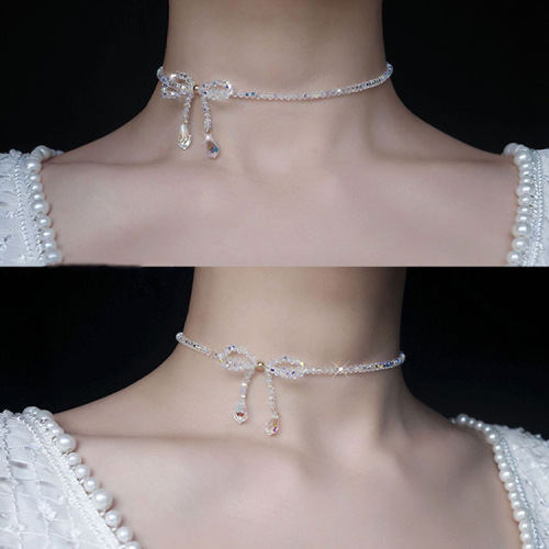 Crystal Bow Necklace Female Popular Net Red Niche Design Sense Neck Jewelry Short Neckband Collar Clavicle Chain
