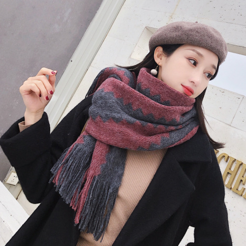 Women‘s Winter Korean-Style Versatile Long Korean-Style Thickened Knitted Shawl Scarf for Students Autumn Rhombus Wool Scarf