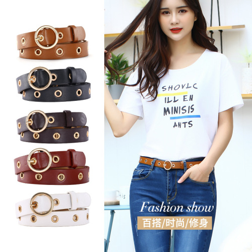 new korean style hollow air hole women‘s belt pu without punching elegant women‘s round buckle pants belt manufacturer customized