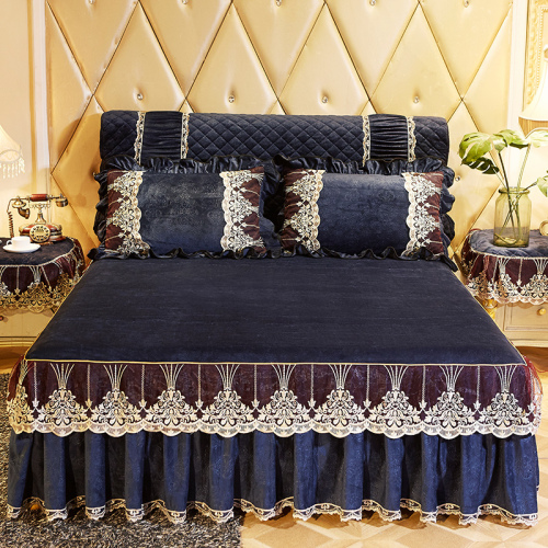 Ywxuege new Winter Bed Skirt Single Product Lace Embroidery Lace Thickened Warm Crystal Velvet Sapphire Blue