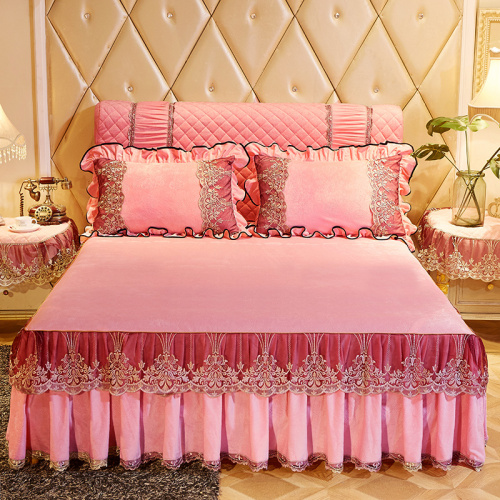 ywxuege new winter bed skirt single product lace embroidery lace thickened warm crystal velvet-pink jade