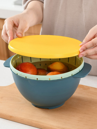 Creative Washing Basin Draining Basket with Lid Double-Layer Kitchen Washing Fruit Plate Storage Basket Household Vegetable Washing Basket