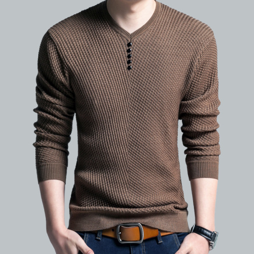 Long Sleeve T-shirt Men‘s Spring and Autumn V-neck Fashion Knitwear Slim Fit Top Clothes Young and Middle-Aged Casual T-shirt Thin Bottoming Shirt