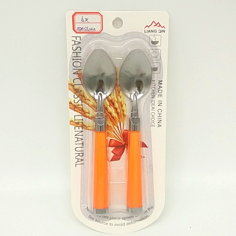 阳光百货 2142方柄双勺 彩色塑料勺 不锈钢儿童餐具套装