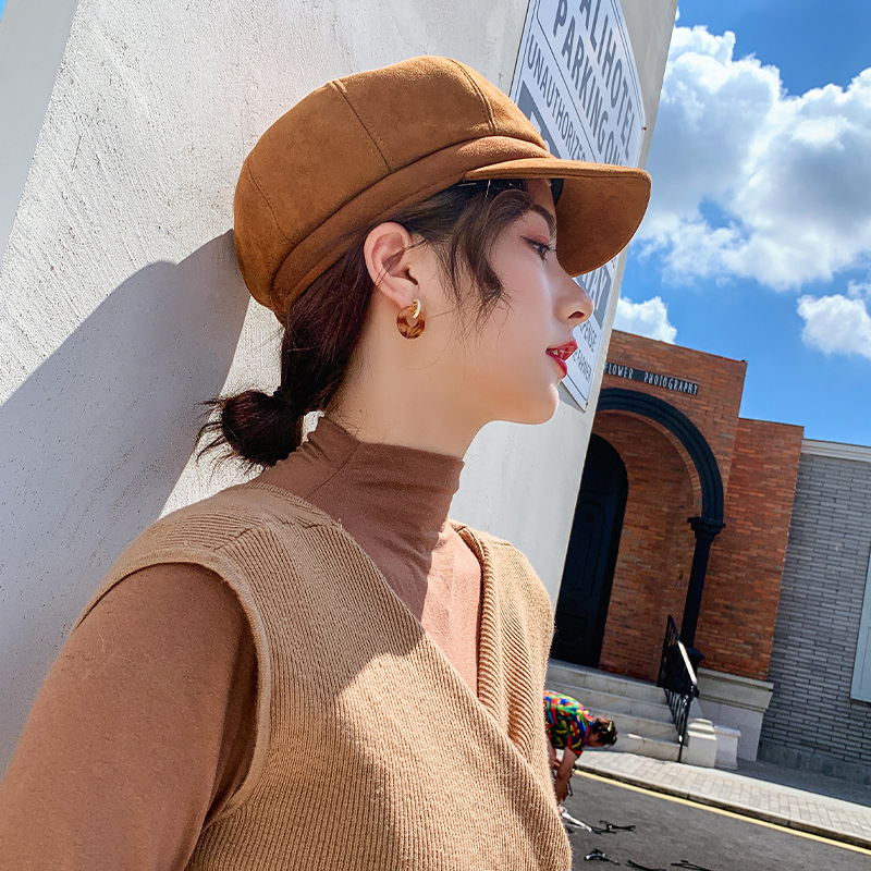帽子女韩版百搭纯色鸭舌英伦画家帽日系八角帽女潮秋冬时尚毛呢帽