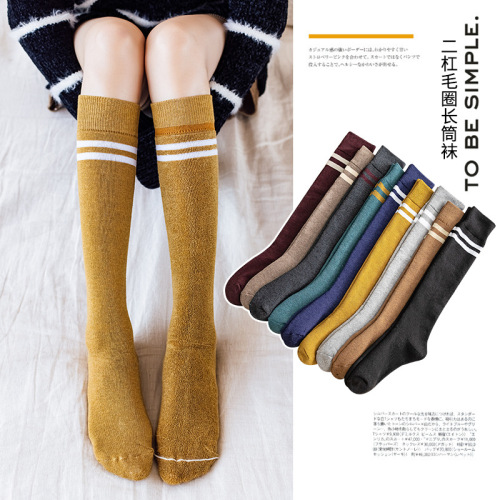 autumn and winter new stockings women‘s solid color striped knee socks cotton comfortable terry socks factory wholesale