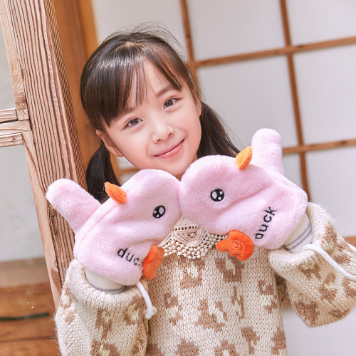 new cartoon duck mittens children‘s warm fleece-lined all-inclusive finger gloves factory wholesale
