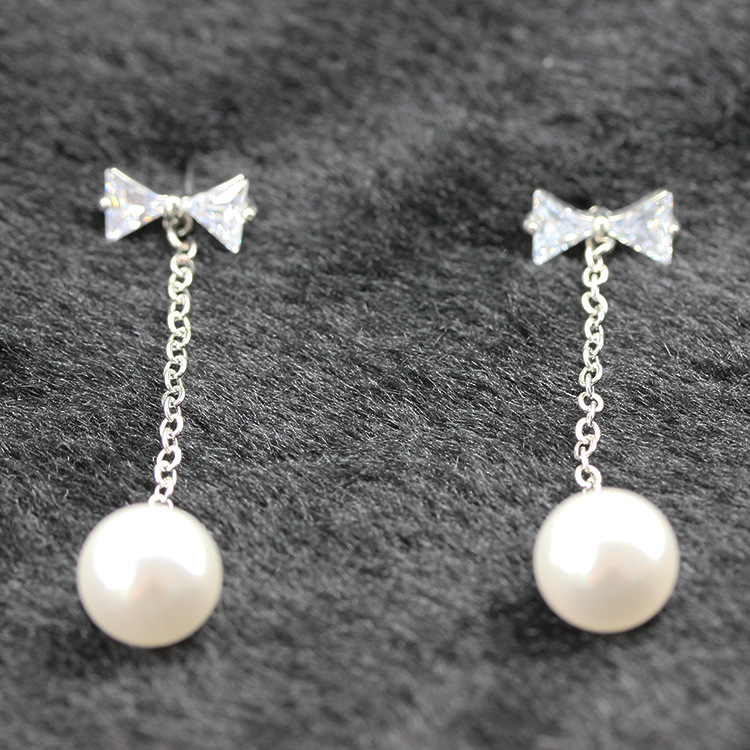 S925银针韩版耳饰女香巴拉满锆石蝴蝶结珍珠耳环饰品流苏长款耳坠