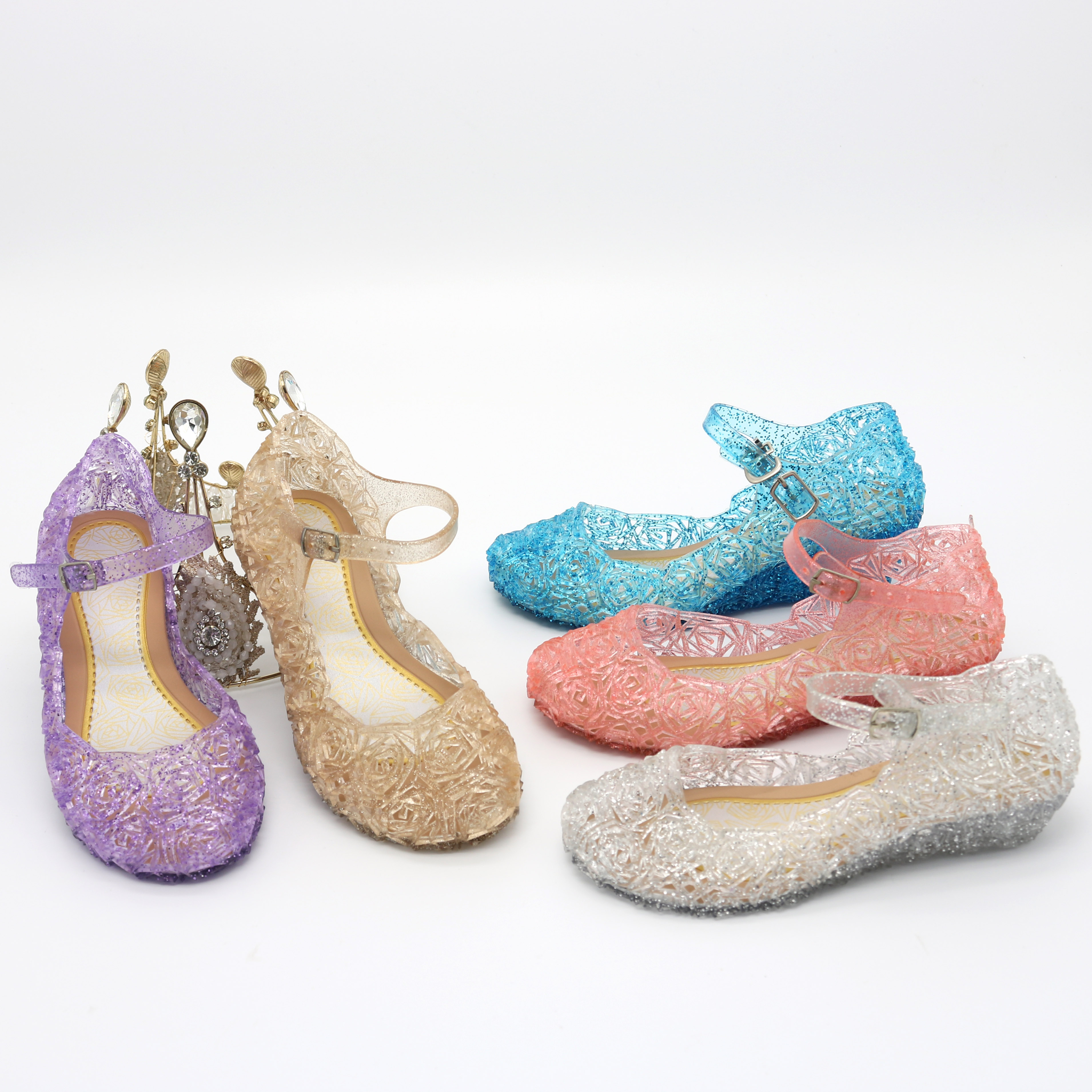 现货frozen冰雪奇缘女童公主鞋透明水晶镂空儿童高跟凉鞋pvc夏季