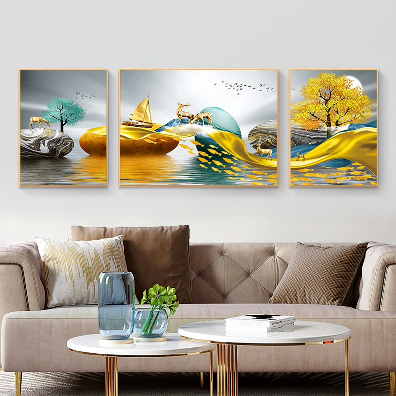 轻奢客厅装饰画麋鹿石来运转三联画现代简约晶瓷画沙发背景墙挂画