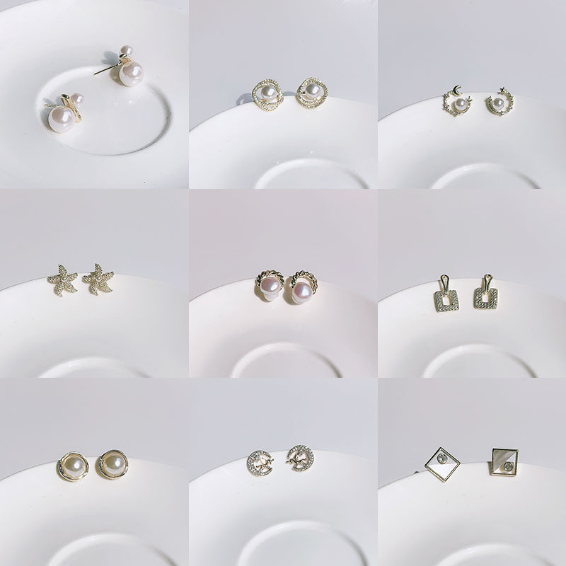 微镶珍珠小耳钉耳环星月方块时尚日韩ins风清新百搭银针设计高级