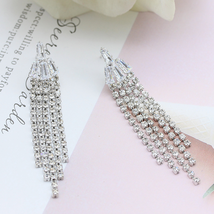 韩国s925耳环厂家直销网红爆款流苏耳环锆石水钻镶钻耳饰日韩耳坠