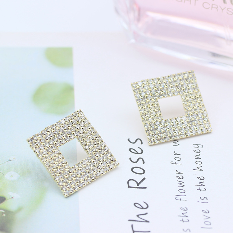 韩国s925耳环厂家直销东大门饰品镶钻正方方形耳钉水钻真金耳饰女